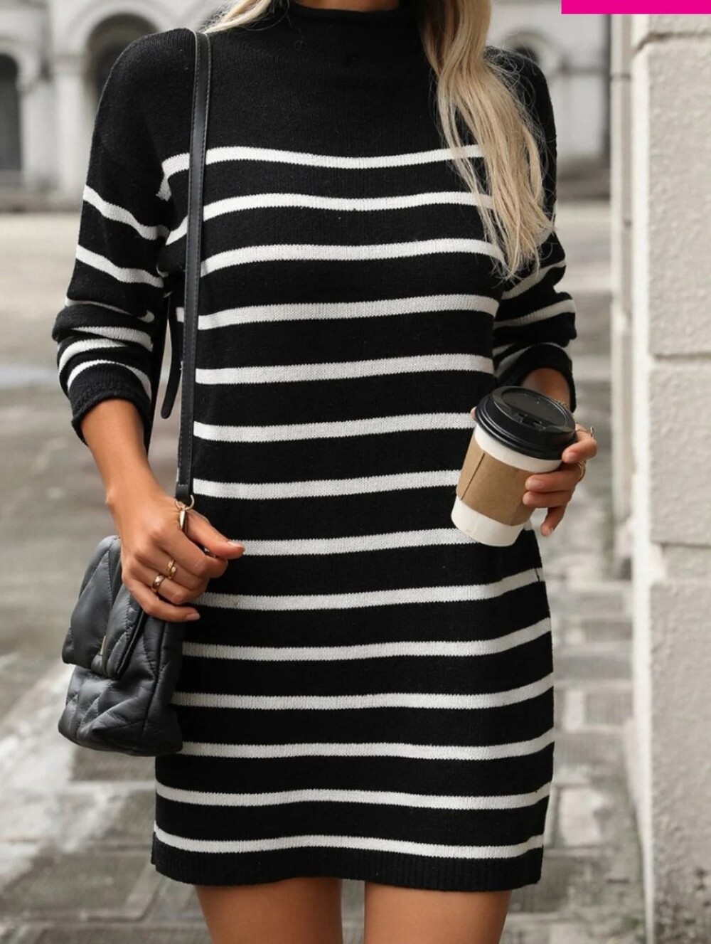 LOFT Long Sleeve Mock Turtleneck Black Striped Sweater Mini Dress XSmall
